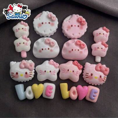 SANRIO Random 6/10pcs Pink Cartoon Resin Charm Cute Cat DIY Decorations For Mobile Phone Cases, Hair Clips, Headbands, Holiday Gifts Handmade Accessories