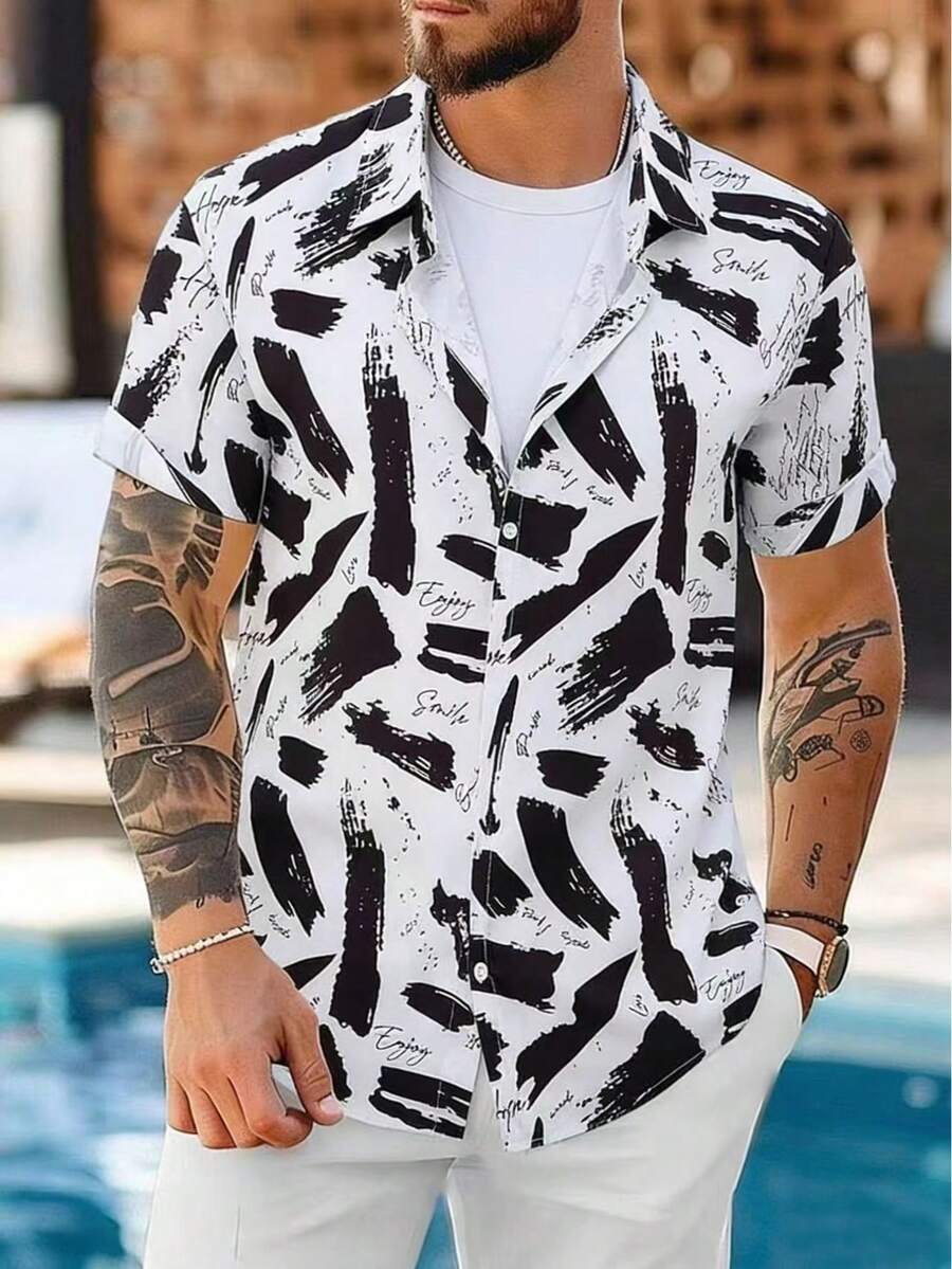 Camisa casual de manga corta para hombres, en negro y blanco, para el verano - Blanco y Negro - Ver 1