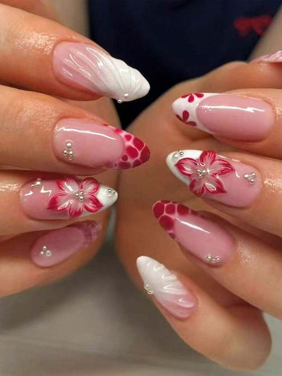 24片杏仁形3D凝胶美甲贴纸，花卉法式美甲贴纸，中长款3D合金十字珍珠装饰，适用于亚克力指甲，包含1瓶胶水和1个指甲锉，适合女性日常、节日、派对使用。 - 彩色 - 查看 1