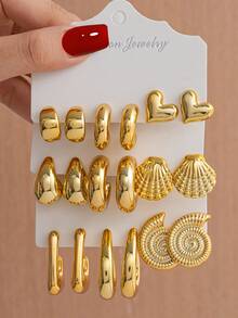 6-18件/套 女士时尚心形、水滴形、C形、贝壳形、海螺形耳钉套装，适合日常佩戴，节日礼物 - 金色 - 查看 1