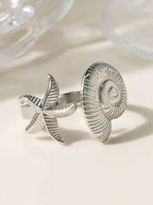 1pc Women's Ocean Series Golden Starfish & Shell Stainless Steel Adjustable Open Ring, Suitable For Beach, Daily Wear, Gift - Ring - View 3