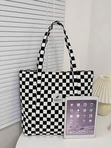 1个格子帆布手提包，大容量单肩包，带内袋，女士日常休闲格子手提包 - 黑與白 - 查看 6