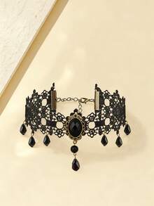 1件装女士蕾丝镂空复古哥特风颈链，简约流苏短款锁骨链 - 彩色 - 查看 3