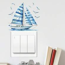 1pc Watercolor Sailboat & Seagull Light Switch Sticker, Removable Nautical Wall Decal, Coastal Blue Home Decor For Living Room & Bedroom - one-size - View 4