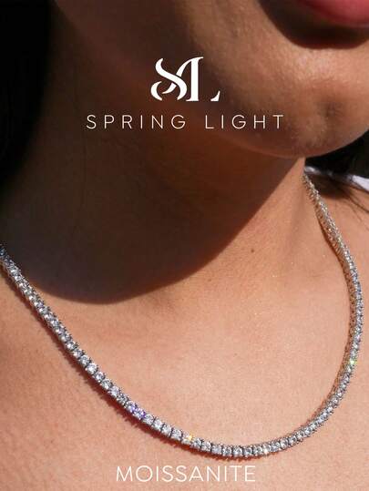 1pc 3mm Top Grade Hip Hop 4-Prong Moissanite Diamond Tennis Chain Necklace, Adjustable Choker Necklace (S925 Sterling Silver), Sparkling Brilliance, Luxury High-End, Exquisite Elegant, Women Jewelry Gift