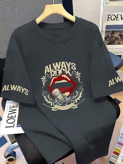 加大码夏季休闲红色嘴唇字母印花T恤