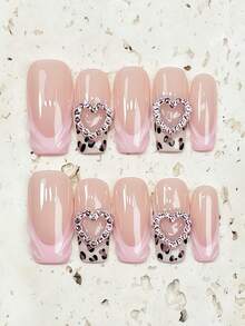 10片手工按压式美甲片，长方形按压式美甲片，亚克力按压式美甲片，亚克力美甲按压式美甲片，手工亚克力按压式美甲片 - 粉色 - 查看 10