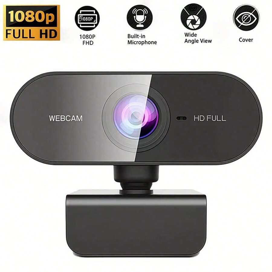 1pc 1080P Full HD Webcam With Built-In Microphone & Privacy Cover, USB Interface For Video Calls, Auto Focus, Suitable For Conference, Classroom, Online Work