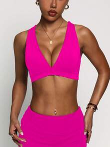 女士纯色可拆卸衬垫深V领交叉肩带时尚针织运动文胸 - 玫紅色 - 查看 5
