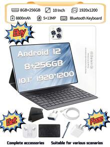 New 2026 Android 12 Tablet 8 Core 2.5Ghz/8GB RAM/256GB Storage Support 256GB SD Expansion/10.1-Inch 1920*1080 LED Screen/5G.4G WIFI /Dual SIM Card Callable/8800mah/Type-C/8mp+16mp Webcam/With Leather Case, Keyboard, Stylus, Adapter, Earphones,OTC Connectors - 白色 - 查看 2