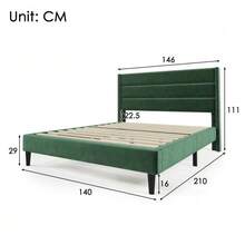 Upholstered Bed 140 X 200 Cm, Bed Frame With Slatted Base And Headboard, Upholstered Double Bed, Dark Green Velvet Fabric Cover, Timeless Modern Design, Youth Bed - Green - View 2