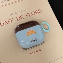 Blue Background 1pc Croissant + Blue Circle Earphone Case Compatible With Apple Pro3/Pro2/AirPods4/AirPods3/AirPods2, Fashion Women Earphone Case, Minimalist Earphone Case, Apple Earphone Case, Apple Earphone Cover, Men Earphone Case - Dusty Blue - View 3