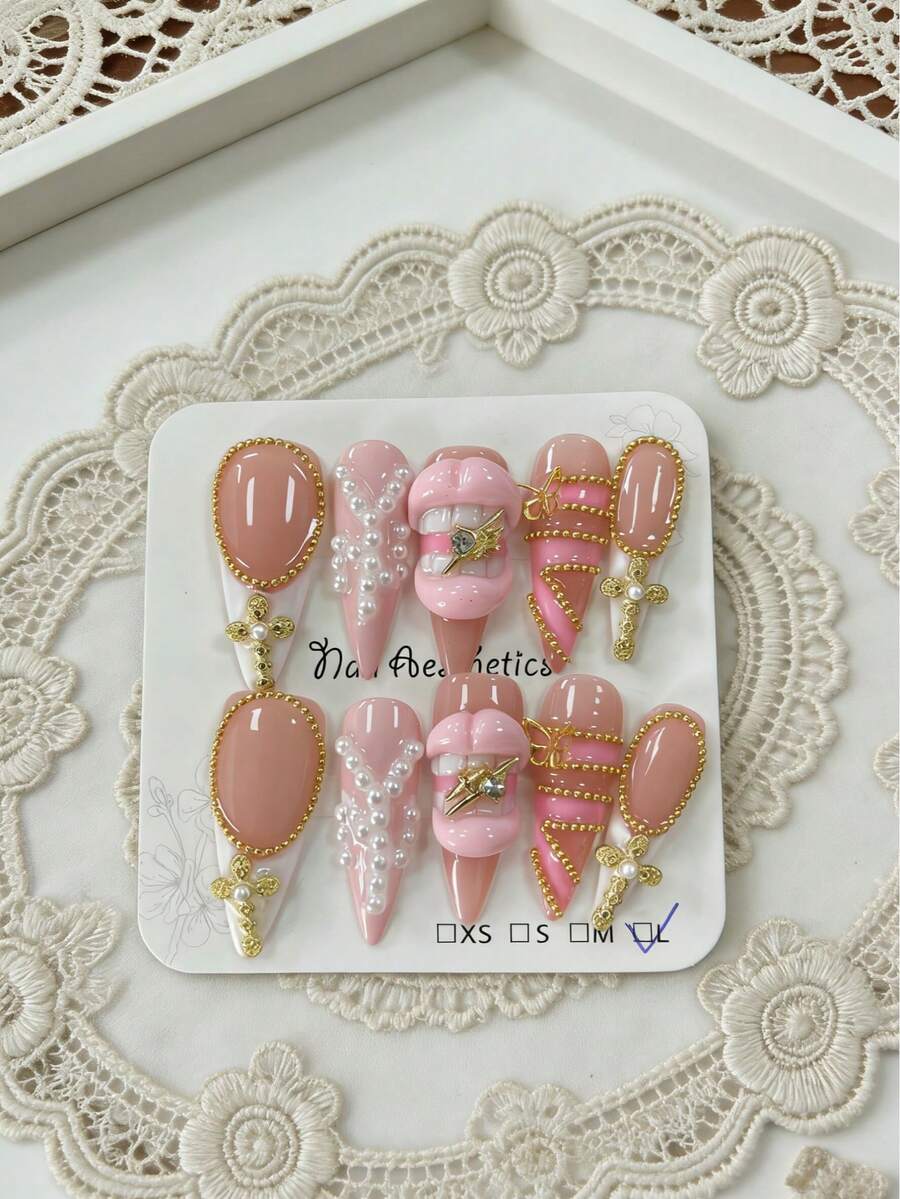 10片装法式杏仁形链条奢华水钻3D红唇女神美甲贴片 - 紫丁香色 - 查看 1