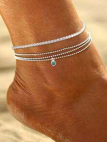 Nooxian 2pcs/Set Fashionable & Elegant Crystal Claw Chain With Multi-Layer Pearl Chain & Green Zirconia Heart Pendant Anklets, Suitable For Holiday & Party Wear - Silver - View 6