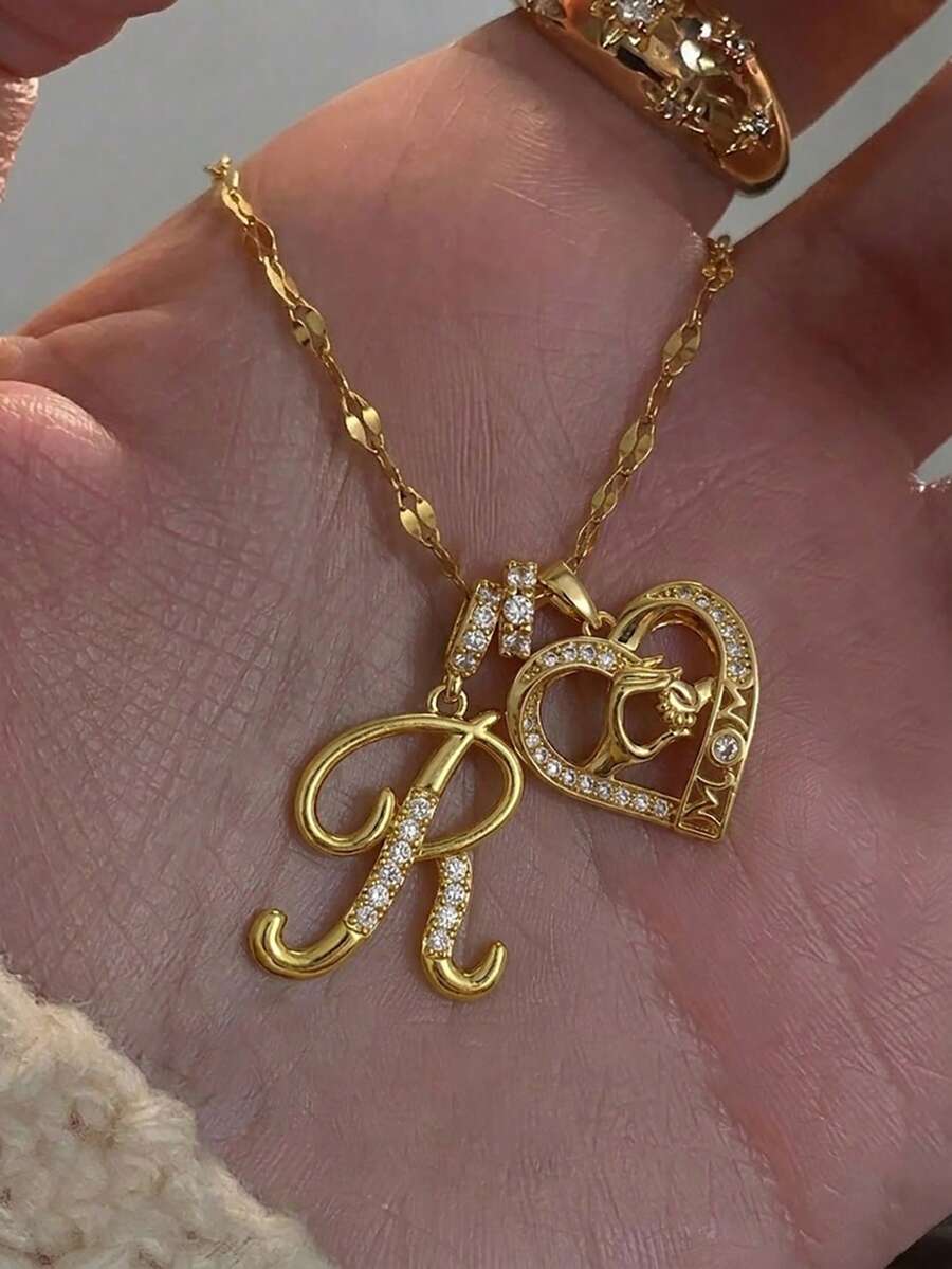 1件装奢华复古个性化皇冠字母&妈妈心形吊坠项链，女士款，镶嵌精致锆石，手牵手心形吊坠，完美的母亲节和生日礼物 - 金色 - 查看 1