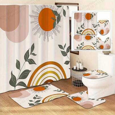1/3/4 Pcs Creative Bohemian Sun Pattern Shower Curtain Set, Includes 12 Hooks, Non-Slip Bathroom Mat, U-Shaped Toilet Mat, Toilet Seat Cover, Bathroom Decor, Bathroom Curtain Set, Home Decor, Bathroom Accessories