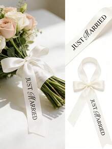 12条/6条装婚礼缎带，“新婚快乐”白色缎带，适用于包装订婚礼物、手工制作、装饰婚礼请柬、装饰派对餐桌、制作发饰、装饰花束和包装派对小礼物，也适用于单身派对、新娘送礼会和订婚庆祝活动。 - 象牙白 - 查看 1