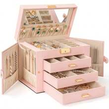 Large 4-Tier Jewelry Box Leather Jewelry Storage Organizer With 3 Drawers Lockable For Women Girls Ring Necklace Earring Bracelet Watches Holder With Mirror Pink - Pinkgold - 查看 1