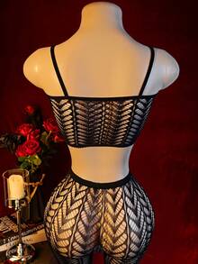 半透明镂空针织吊带背心内衣套装，高弹面料，无袖修身两件套 - 黑色 - 查看 2