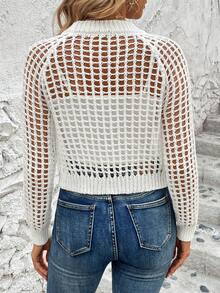 Lightweight Women's Short Cardigan, Long Sleeve Design, Hollow-Out Knit Fabric - White - View 2
