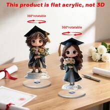 1/2件可愛卡通畢業女孩桌面裝飾品，2D平面旋轉壓克力飾品附花束，無需電力，適合辦公室、居家、畢業派對裝飾，學生畢業禮物，畢業裝飾 - 旋轉擺件 - 查看 10