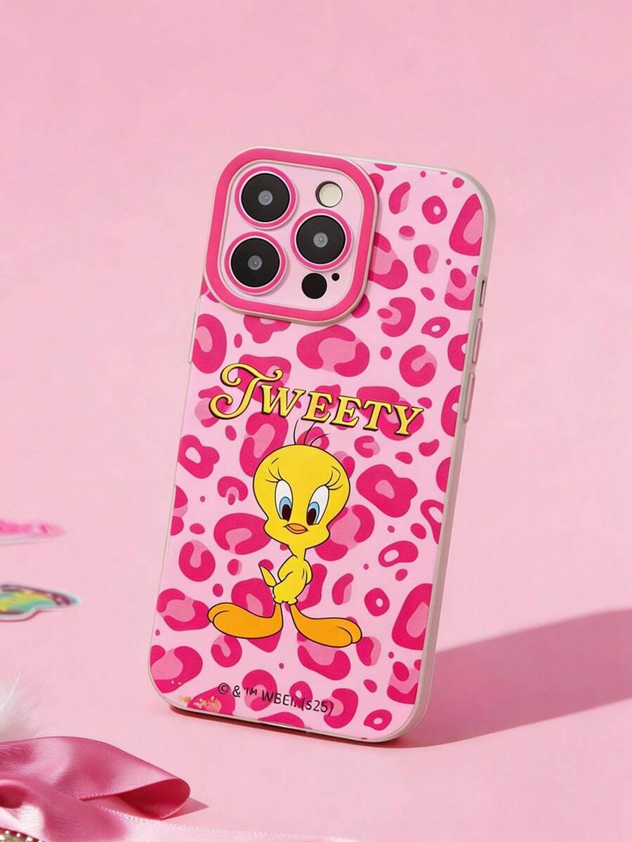 LOONEY TUNES X SHEIN Ốp lưng điện thoại thời trang họa tiết da báo hồng hình hoạt hình Tweety dễ thương dành cho nữ. - Bột - Xem 1