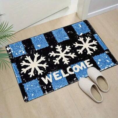 Flannel Thickness 0.47inch Door Mat, Christmas Snowflake Welcome Print Non-Slip Mat, Comfortable Floor Mats, Machine Washable For Entryway Kitchen Living Room Bedroom Laundry Bathroom Home Decor, Christmas Room Entrance Decoration
