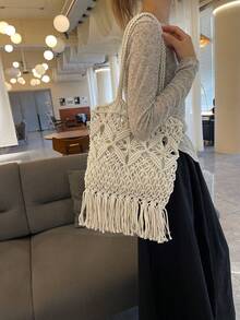 Túi đeo chéo nhỏ dệt thủ công, túi đeo vai dệt mới, phong cách biển độc đáo, đa năng, túi vuông kiểu phong bì, thời trang, phù hợp cho kỳ nghỉ và đi biển. - trắng - Xem 5