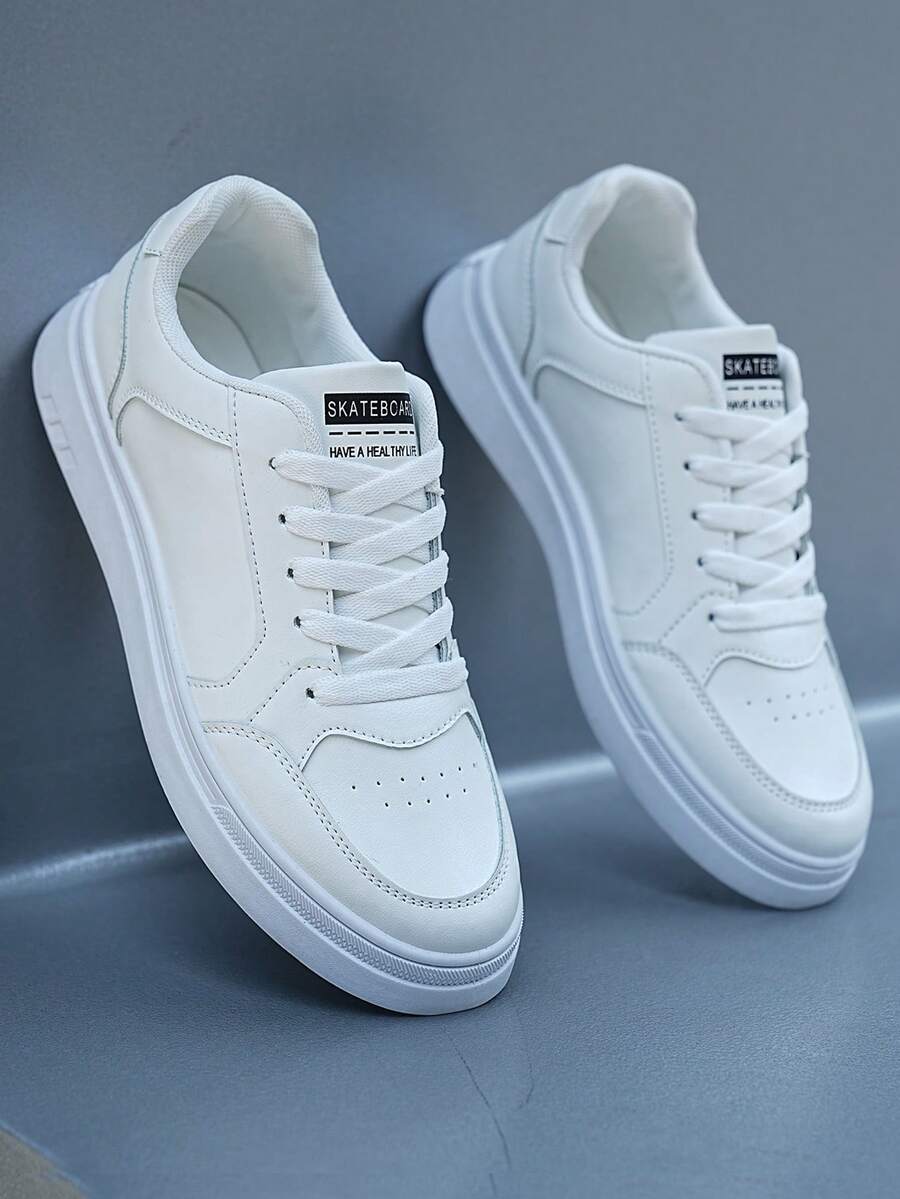 Men's Low-Top Skate Shoes, White Leather Sneakers With Thick Sole, Casual Athletic Shoes For Street Style, Comfortable Walking Gift For Him - 白色 - 查看 1