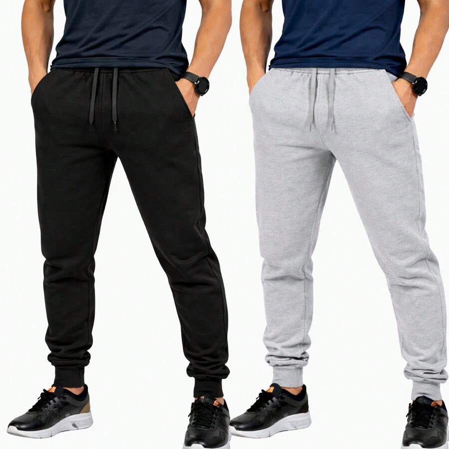 Men's Fleece Sweatpants With Cotton Lining, Cuffs, Pockets, Elastic Waistband With Adjustable Drawstring. - màu đen - Xem 1