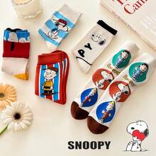 SNOOPY 5双装卡通图案舒适柔软运动袜，男女通用创意卡通设计，柔软舒适，四季皆宜 - 彩色 - 查看 8