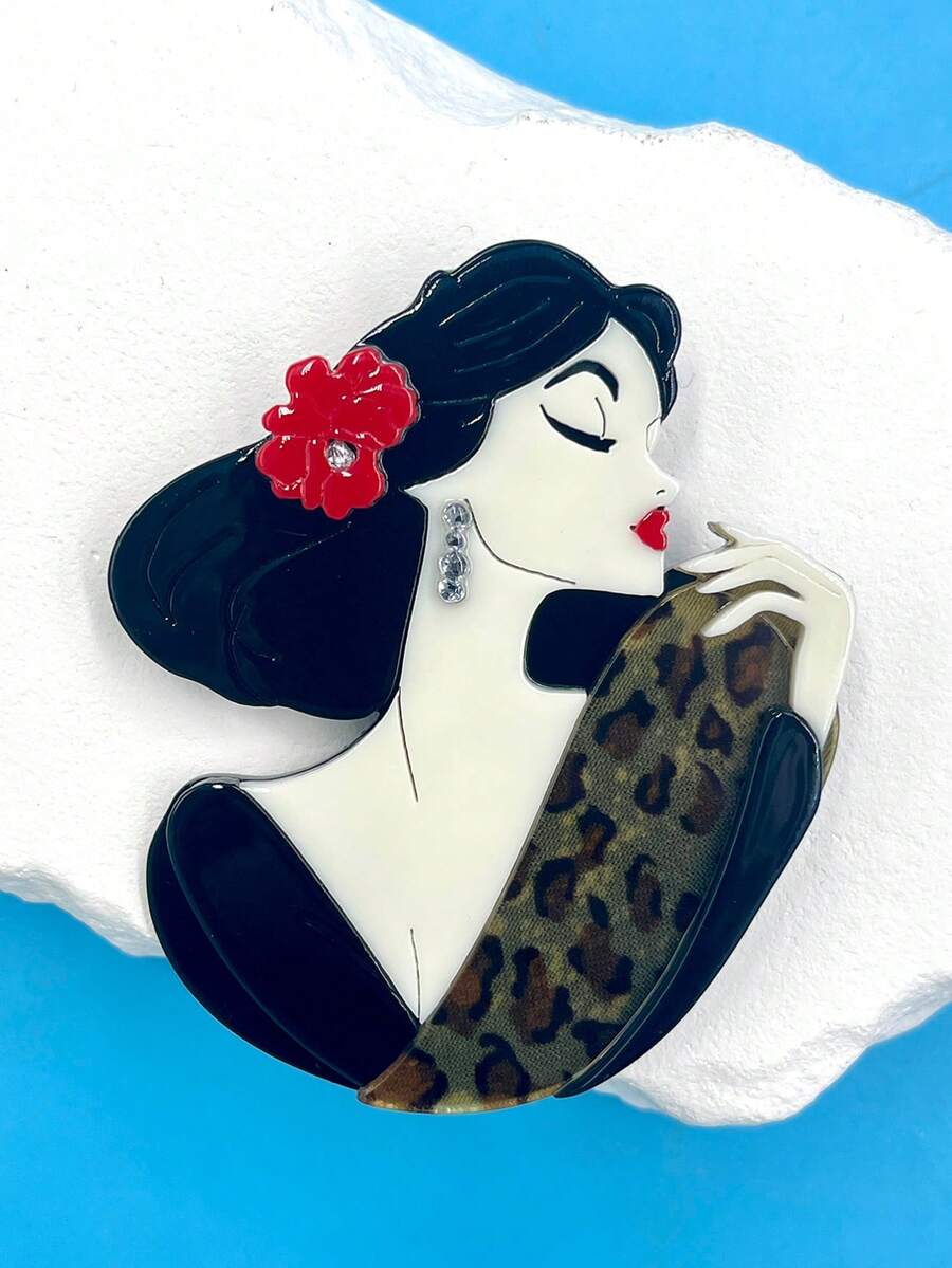 1pc Elegant Girl Portrait Brooch With Flower Headpiece, Acrylic Material Fashion New Brooch Backpack Accessory, Random Flower Direction - Black and White - View 1