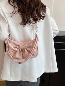 2026新款温柔蝴蝶结设计女士单肩包，珍珠拼接链条斜挎包，休闲百搭腋下包，尽显优雅气质 - 粉色 - 查看 6