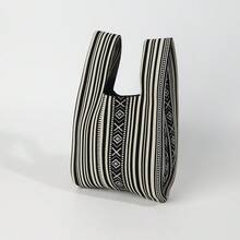 1 pieza Bolso de mano plegable de punto hueco de unicolor, ligero y casual, adecuado para mujeres/niñas para uso diario, vacaciones, escuela, viajes, todo el año - Negro - Ver 6