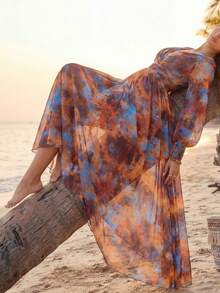 Women's Shirred, Cuff Drawstring, Random Floral Print Elegant Long Sleeve Maxi Dress Vacation - Multicolor - View 4