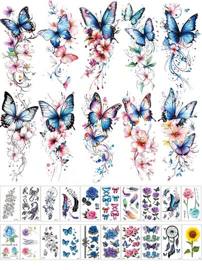 30张防水临时纹身贴纸，个性化高端设计，花卉图案，适用于人体，蝴蝶、向日葵、羽毛等人体彩绘，可用于手指、手腕、脚踝等部位，男女通用，防水