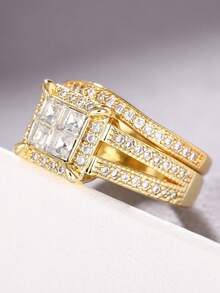 2pcs Luxurious Cubic Zirconia Stone Rings, Suitable For Women, Ideal For Weddings, Engagements, Anniversary Parties, Valentine's Day Gifts - Yellow Gold - View 3