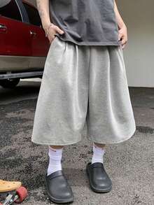 HEYKESON Unisex Loose Fit Wide Leg 3/4 Sweatpants, Casual Sports Shorts - Light Grey - View 2