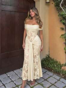 Ilya Strap One-Word Shoulder Lace Dress, Summer Personalized Slim-Fitting Waist Dress - Light Yellow - View 2