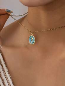 1 pieza Collar con colgante de esmalte azul con tema oceánico para mujeres - 12 estilos de encantos de playa (árbol de palma, caballito de mar, estrella de mar, tortuga) - Joyería de moda minimalista de verano para uso diario y vacaciones - Multicolor - Ver 6