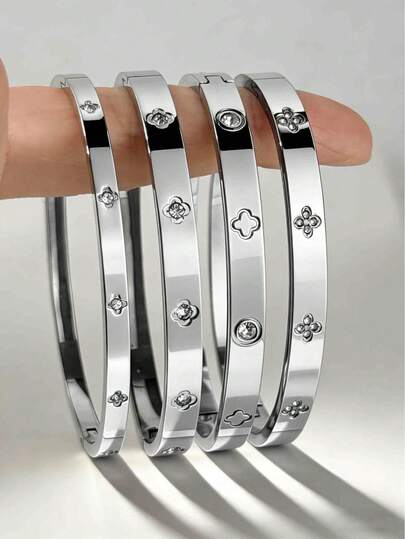 1/4 piezas Pulsera de brazalete con trébol de cuatro hojas de oro de 18K enchapado con cristales de lujo y elegante, adecuada para uso diario de mujeres, apilable, regalo de Navidad, joyería resistente al agua y resistente a la decoloración