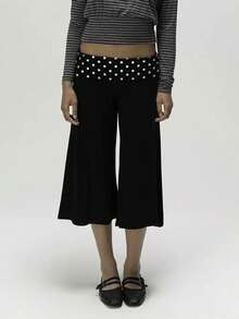 Women Y2K Cropped Wide Leg Pants, Retro Horizontal Stripe Polka Dot Print Fold Over Waistband Stretchy Knit Culottes For Streetwear Daily Outings - 黑與白 - 查看 4