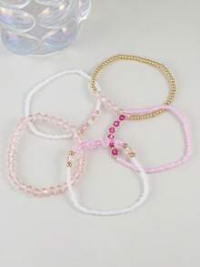 5pcs Delicate Pink Crystal Beads & White Rice Pearls, CCB Beads Multi-Layer Bracelet Set, Suitable For Women's Daily Wear - Multicolor - View 4
