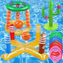 Pool Games Set-8 Inflatable RingsInflatable Basketball Hoop Cactus Toss Game Cross Toss Game and 2 Inflatable Small Basketballs-Perfect Water Toys for Teens and Adults - Multicolor - Ver 8