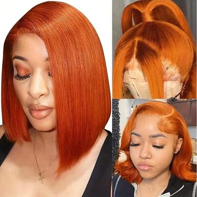 Ginger Orange Short Bob Wig Human Hair 13x4 Lace Front Wigs For Women Transparent Lace Frontal Wig 180 Density Straight Bob ﻿