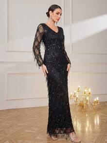 UNITHORSE Vestido formal y de noche de terciopelo con cremallera y parches de lentejuelas de unicolor para mujer, para boda y fiesta, primavera, negro - Negro - Ver 4