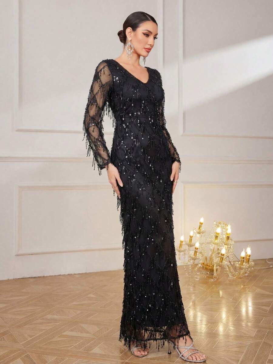 Solid Color Sequin Patchwork Zipper Velvet Women Formal & Evening Dresses Wedding Party Spring Black - Black - View 1