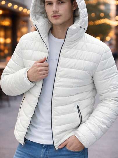  Chamarra Abrigo con gorro Blanca para Hombre HPC Polo – Estilo Puffer , Manga Larga, Básica, Casual, Bonita, Ligera y Cómoda, Ideal para Clima Fresco, Look Urbano o Uso Diario