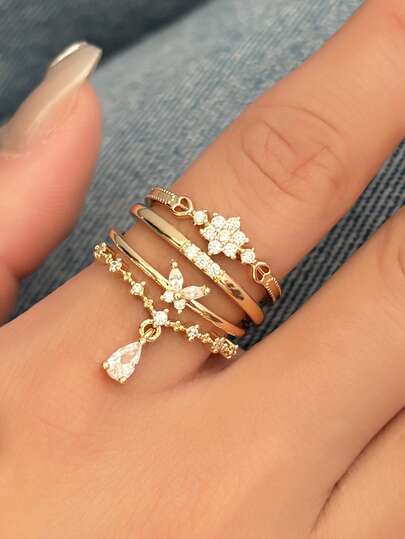 3pcs Elegant Cubic Zirconia Inlaid Water Drop, Flower, Butterfly Pendant Ring Set, Adjustable, Suitable For Women Daily, Dating, Music Festival Layering
