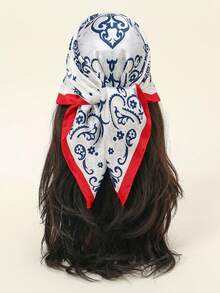 1pc 70*70cm Square Silk Scarf, Women's Satin Printed Headscarf, Neckerchief, Headband, Fashion Ladies Shawl, Scarf - Red Edge Blue and White - View 3